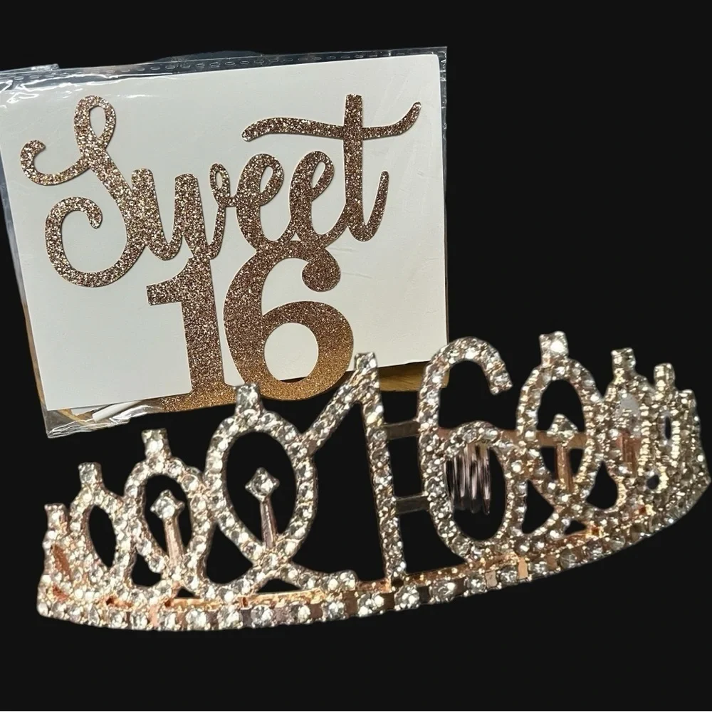 🌻Happy 16h Birthday Rose Gold Crown Tiara One Size and Cake Topper